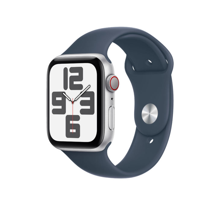 Apple Watch SE GPS + Cellular 44mm Aluminiumboett i Silver • Sportband Stormblå - M/L