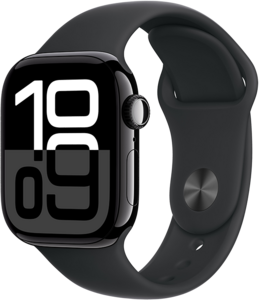 Apple Watch Series 10 GPS 42mm Aluminiumboett i Gagatsvart • Sportband Svart - M/L Apple Watch Series 10 GPS 42mm Aluminiumboett i Gagatsvart • Sportband Svart - M/L