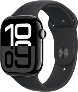 Apple Watch Series 10 GPS 46mm Aluminiumboett i Gagatsvart • Sportband Svart - S/M Apple Watch Series 10 GPS 46mm Aluminiumboett i Gagatsvart • Sportband Svart - S/M