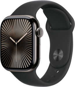Apple Watch Series 10 GPS + Cellular 42mm Titanboett Skiffer • Sportband Svart - M/L Apple Watch Series 10 GPS + Cellular 42mm Titanboett Skiffer • Sportband Svart - M/L