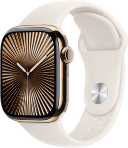Apple Watch Series 10 GPS + Cellular 42mm Titanboett Guld • Sportband Stjärnglans - S/M Apple Watch Series 10 GPS + Cellular 42mm Titanboett Guld • Sportband Stjärnglans - S/M