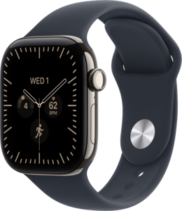 Apple Watch Series 12 GPS + Cellular 42mm Titaniumboett Naturlig  &bull; Sportband Marinbl&aring; - S/M