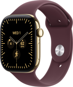 Apple Watch Series 12 GPS + Cellular 46mm Titaniumboett Skinande Guld  &bull; Sportband Bourgogne - S/M