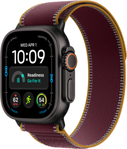Apple Watch Ultra 4 med Titanboett Svart &bull; Terr&auml;ngloop Bourgogne - M/L