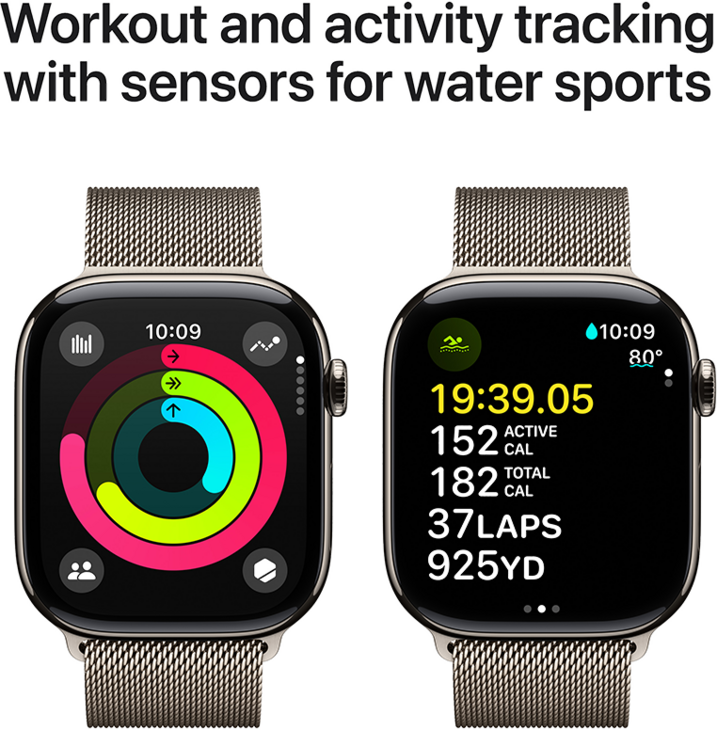 Apple Watch Series 10 GPS + Cellular 46mm Titanboett Naturlig • Milanesisk loop Naturlig - S/M Apple Watch Series 10 GPS + Cellular 46mm Titanboett Naturlig • Milanesisk loop Naturlig - S/M