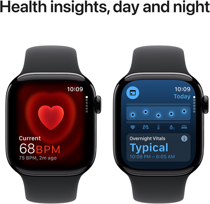 Apple Watch Series 10 GPS 42mm Aluminiumboett i Gagatsvart • Sportband Svart - S/M Apple Watch Series 10 GPS 42mm Aluminiumboett i Gagatsvart • Sportband Svart - S/M