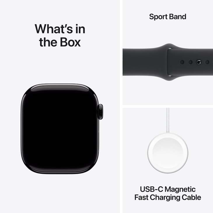 Apple Watch Series 10 GPS 42mm Aluminiumboett i Gagatsvart • Sportband Svart - S/M Apple Watch Series 10 GPS 42mm Aluminiumboett i Gagatsvart • Sportband Svart - S/M