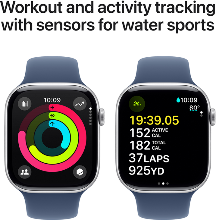 Apple Watch Series 10 GPS 46mm Aluminiumboett i Silver • Sportband Denim - S/M Apple Watch Series 10 GPS 46mm Aluminiumboett i Silver • Sportband Denim - S/M