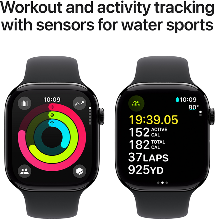 Apple Watch Series 10 GPS 46mm Aluminiumboett i Gagatsvart • Sportband Svart - S/M Apple Watch Series 10 GPS 46mm Aluminiumboett i Gagatsvart • Sportband Svart - S/M