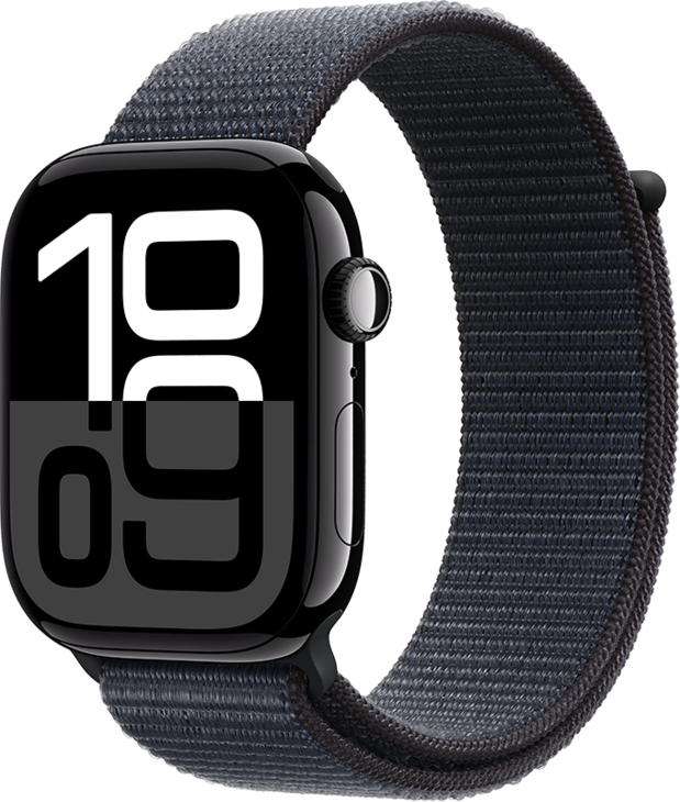 Apple Watch Series 10 GPS 46mm Aluminiumboett i Gagatsvart • Sportloop Svartlila Apple Watch Series 10 GPS 46mm Aluminiumboett i Gagatsvart • Sportloop Svartlila
