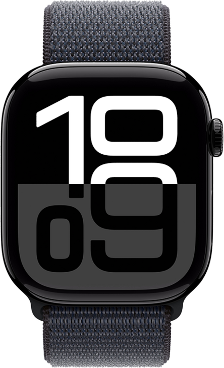 Apple Watch Series 10 GPS 46mm Aluminiumboett i Gagatsvart • Sportloop Svartlila Apple Watch Series 10 GPS 46mm Aluminiumboett i Gagatsvart • Sportloop Svartlila