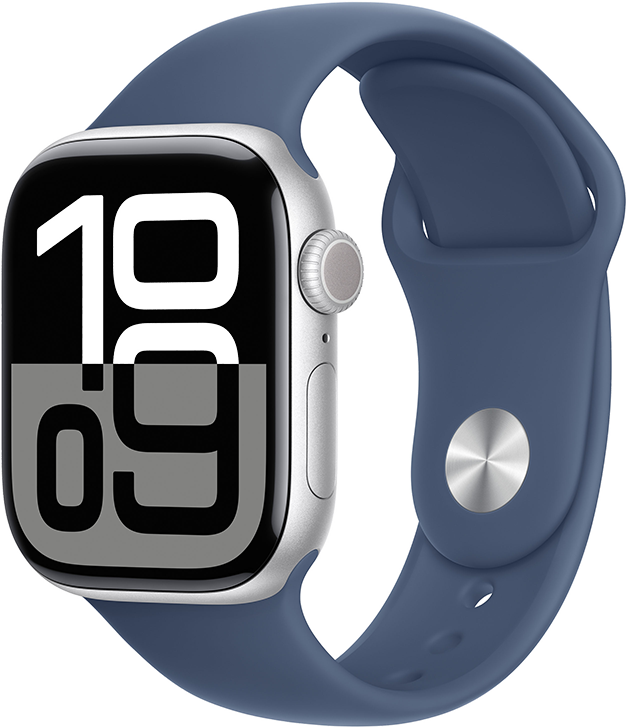 Apple Watch Series 10 GPS + Cellular 42mm Aluminiumboett i Silver • Sportband Denim - M/L Apple Watch Series 10 GPS + Cellular 42mm Aluminiumboett i Silver • Sportband Denim - M/L