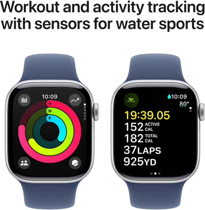 Apple Watch Series 10 GPS + Cellular 42mm Aluminiumboett i Silver • Sportband Denim - M/L Apple Watch Series 10 GPS + Cellular 42mm Aluminiumboett i Silver • Sportband Denim - M/L