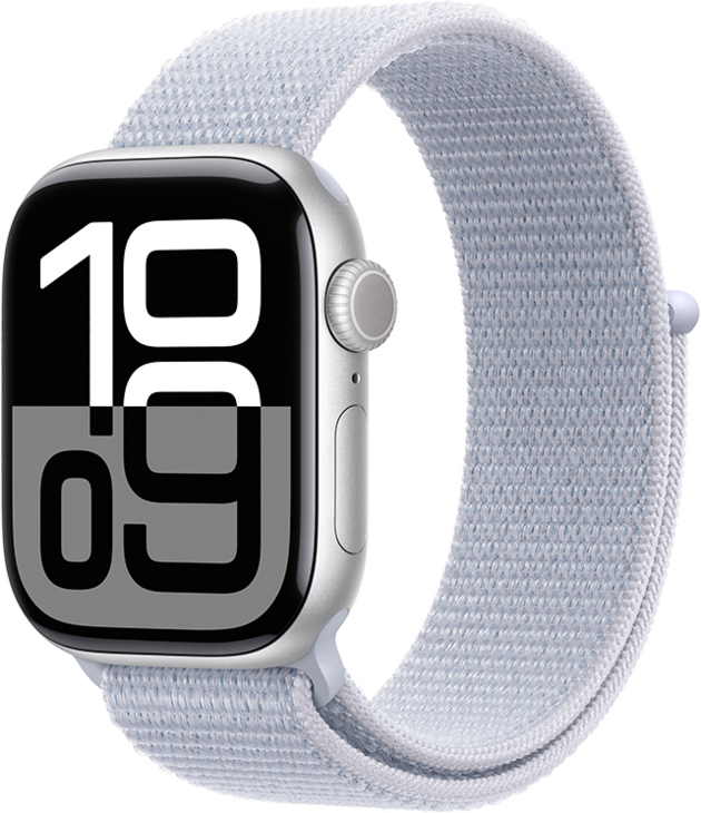 Apple Watch Series 10 GPS + Cellular 42mm Aluminiumboett i Silver • Sportloop Dimblå Apple Watch Series 10 GPS + Cellular 42mm Aluminiumboett i Silver • Sportloop Dimblå