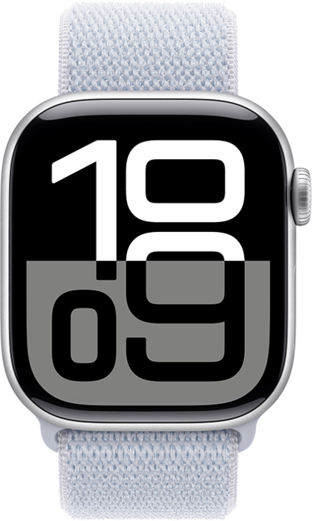Apple Watch Series 10 GPS + Cellular 42mm Aluminiumboett i Silver • Sportloop Dimblå Apple Watch Series 10 GPS + Cellular 42mm Aluminiumboett i Silver • Sportloop Dimblå