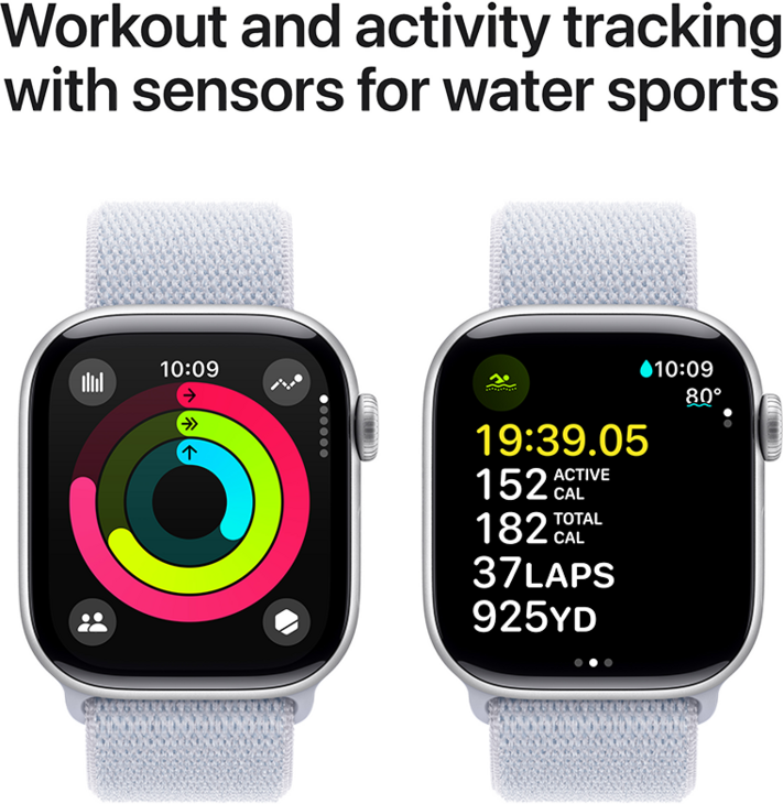 Apple Watch Series 10 GPS + Cellular 42mm Aluminiumboett i Silver • Sportloop Dimblå Apple Watch Series 10 GPS + Cellular 42mm Aluminiumboett i Silver • Sportloop Dimblå