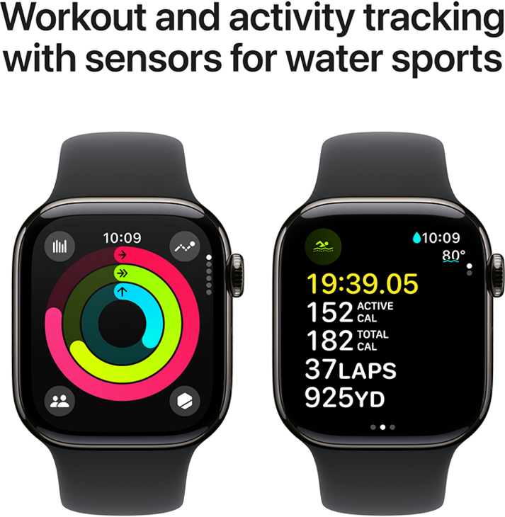 Apple Watch Series 10 GPS + Cellular 42mm Titanboett Skiffer • Sportband Svart - S/M Apple Watch Series 10 GPS + Cellular 42mm Titanboett Skiffer • Sportband Svart - S/M