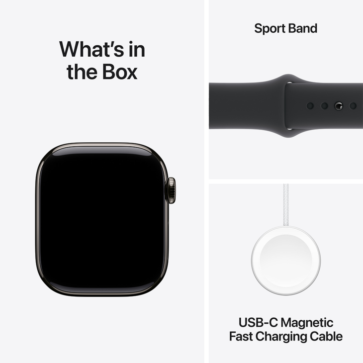 Apple Watch Series 10 GPS + Cellular 42mm Titanboett Skiffer • Sportband Svart - S/M Apple Watch Series 10 GPS + Cellular 42mm Titanboett Skiffer • Sportband Svart - S/M