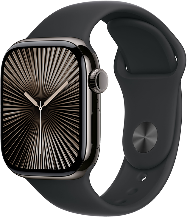Apple Watch Series 10 GPS + Cellular 42mm Titanboett Skiffer • Sportband Svart - M/L Apple Watch Series 10 GPS + Cellular 42mm Titanboett Skiffer • Sportband Svart - M/L