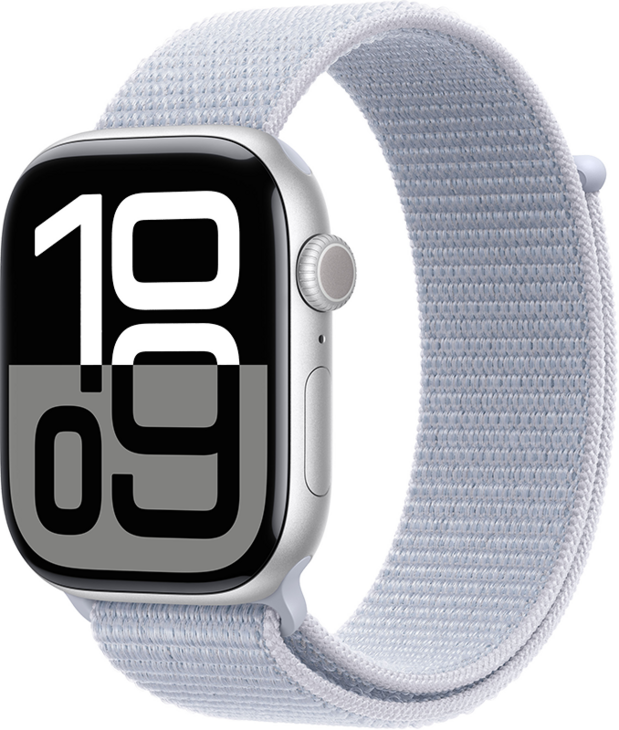 Apple Watch Series 10 GPS + Cellular 46mm Aluminiumboett i Silver • Sportloop Dimblå Apple Watch Series 10 GPS + Cellular 46mm Aluminiumboett i Silver • Sportloop Dimblå