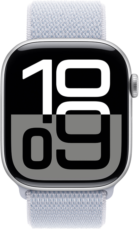Apple Watch Series 10 GPS + Cellular 46mm Aluminiumboett i Silver • Sportloop Dimblå Apple Watch Series 10 GPS + Cellular 46mm Aluminiumboett i Silver • Sportloop Dimblå