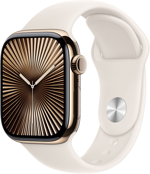 Apple Watch Series 10 GPS + Cellular 42mm Titanboett Guld • Sportband Stjärnglans - S/M Apple Watch Series 10 GPS + Cellular 42mm Titanboett Guld • Sportband Stjärnglans - S/M