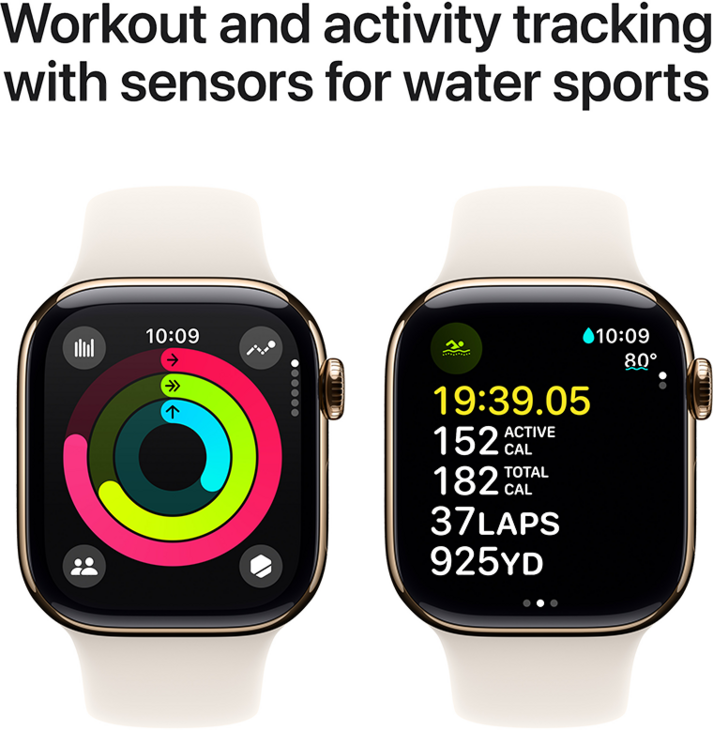 Apple Watch Series 10 GPS + Cellular 42mm Titanboett Guld • Sportband Stjärnglans - S/M Apple Watch Series 10 GPS + Cellular 42mm Titanboett Guld • Sportband Stjärnglans - S/M