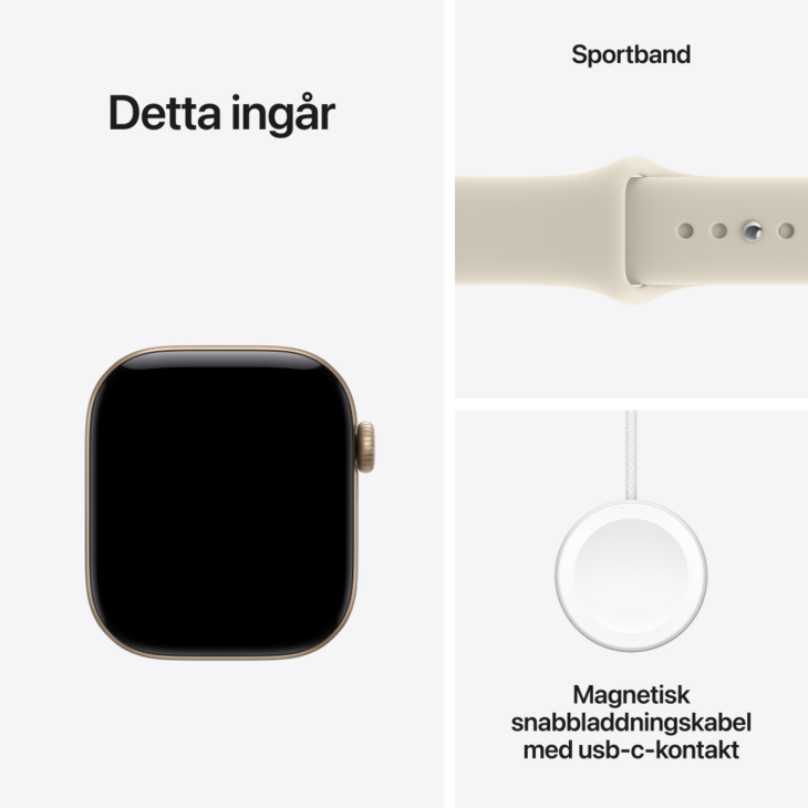 Apple Watch Series 12 GPS 42mm Aluminiumboett Ljust Guld  &bull; Sportband Sand - S/M