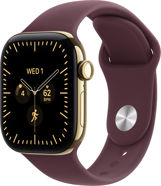 Apple Watch Series 12 GPS + Cellular 42mm Titaniumboett Skinande Guld  &bull; Sportband Bourgogne - S/M