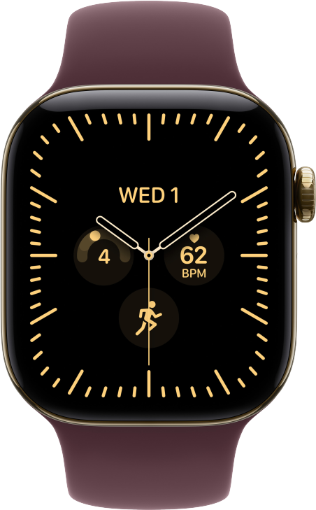 Apple Watch Series 12 GPS + Cellular 42mm Titaniumboett Skinande Guld  &bull; Sportband Bourgogne - S/M