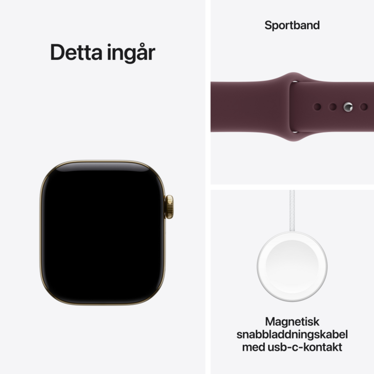 Apple Watch Series 12 GPS + Cellular 42mm Titaniumboett Skinande Guld  &bull; Sportband Bourgogne - S/M