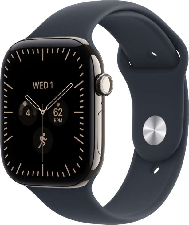 Apple Watch Series 12 GPS + Cellular 46mm Titaniumboett Naturlig  &bull; Sportband Marinbl&aring; - S/M