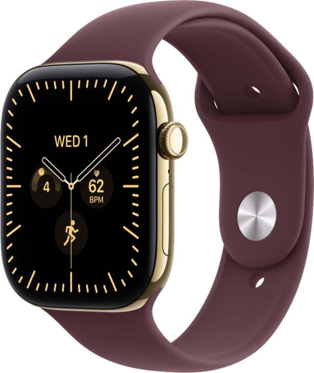 Apple Watch Series 12 GPS + Cellular 46mm Titaniumboett Skinande Guld  &bull; Sportband Bourgogne - S/M