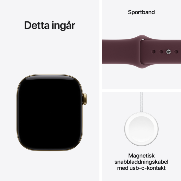 Apple Watch Series 12 GPS + Cellular 46mm Titaniumboett Skinande Guld  &bull; Sportband Bourgogne - S/M