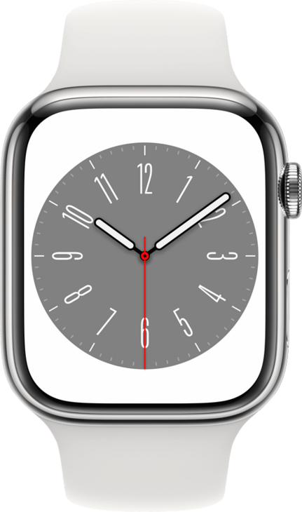 Apple Watch Series 8 GPS + Cellular 45mm Rostfri Stålboett i Silver • Sportband Vitt - Standard Apple Watch Series 8 GPS + Cellular 45mm Rostfri Stålboett i Silver • Sportband Vitt - Standard