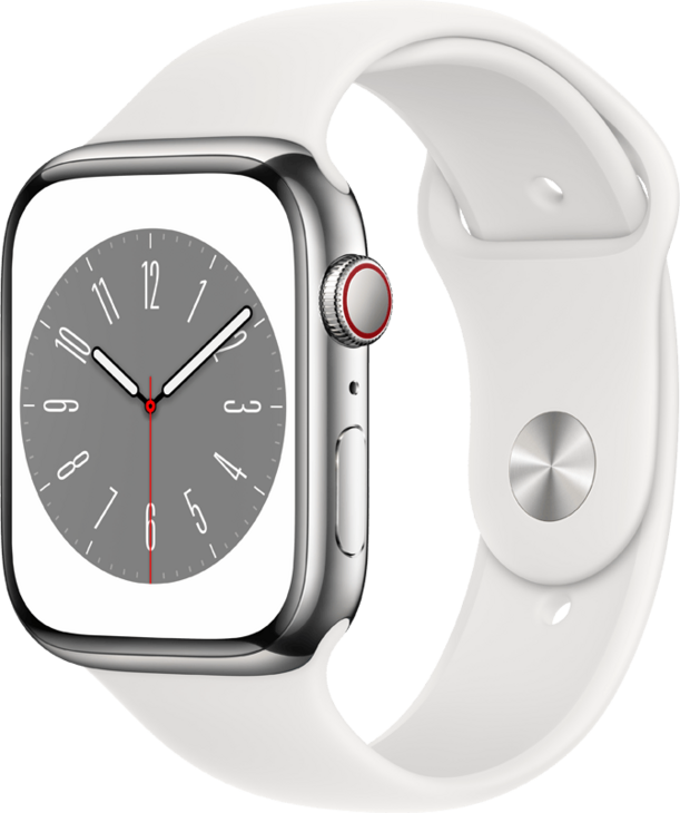 Apple Watch Series 8 GPS + Cellular 45mm Rostfri Stålboett i Silver • Sportband Vitt - Standard Apple Watch Series 8 GPS + Cellular 45mm Rostfri Stålboett i Silver • Sportband Vitt - Standard