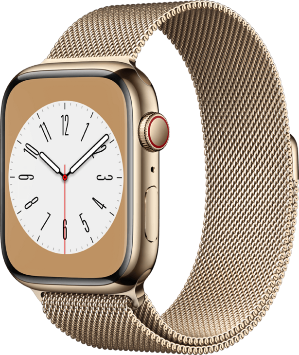 Apple Watch Series 8 GPS + Cellular 45mm Rostfri Stålboett i Guld • Milanesisk loop Guld Apple Watch Series 8 GPS + Cellular 45mm Rostfri Stålboett i Guld • Milanesisk loop Guld