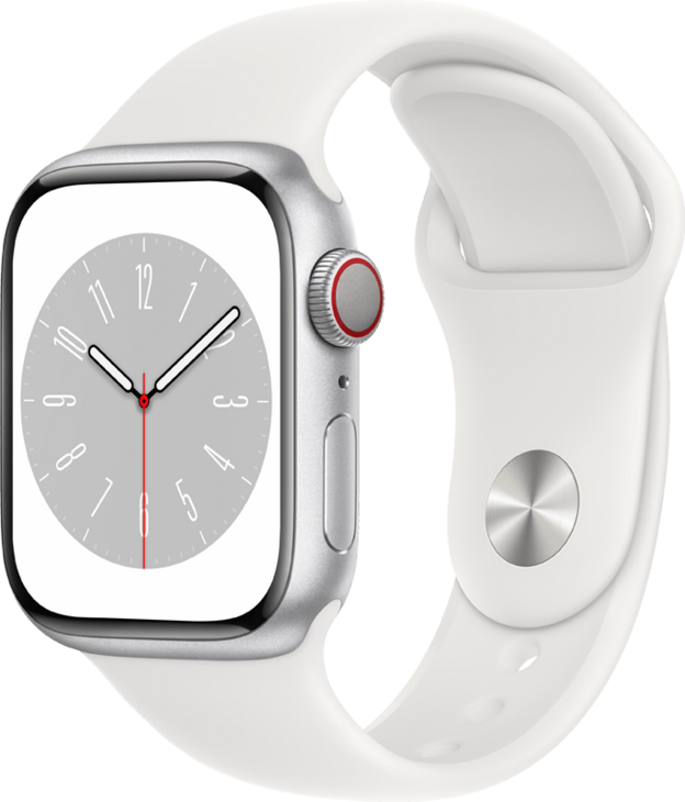 Apple Watch Series 8 GPS + Cellular 41mm Aluminiumboett i Silver • Sportband Vitt - Standard Apple Watch Series 8 GPS + Cellular 41mm Aluminiumboett i Silver • Sportband Vitt - Standard