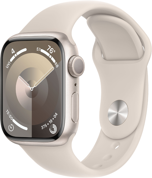 Apple Watch Series 9 GPS 41mm Aluminiumboett i Stjärnglans • Sportband Stjärnglans - M/L Apple Watch Series 9 GPS 41mm Aluminiumboett i Stjärnglans • Sportband Stjärnglans - M/L