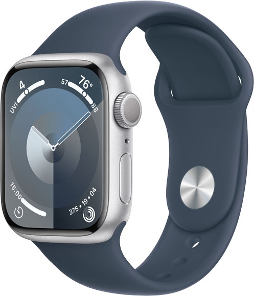 Apple Watch Series 9 GPS 41mm Aluminiumboett i Silver • Sportband Stormblå - M/L Apple Watch Series 9 GPS 41mm Aluminiumboett i Silver • Sportband Stormblå - M/L