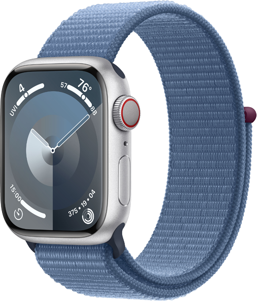 Apple Watch Series 9 GPS + Cellular 41mm Aluminiumboett i Silver • Sportloop Vinterblå Apple Watch Series 9 GPS + Cellular 41mm Aluminiumboett i Silver • Sportloop Vinterblå