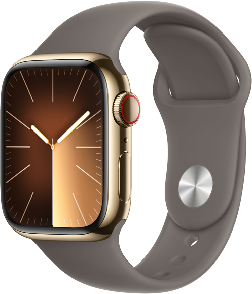 Apple Watch Series 9 GPS + Cellular 41mm Rostfri Stålboett i Guld • Sportband Lera - M/L Apple Watch Series 9 GPS + Cellular 41mm Rostfri Stålboett i Guld • Sportband Lera - M/L