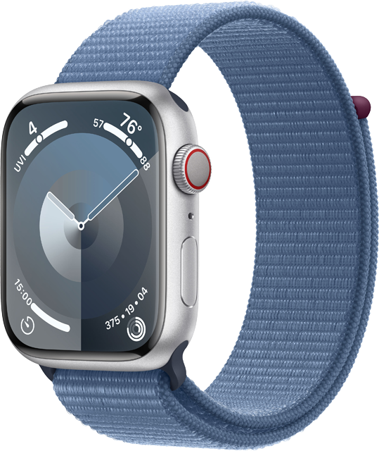 Apple Watch Series 9 GPS + Cellular 45mm Aluminiumboett i Silver • Sportloop Vinterblå Apple Watch Series 9 GPS + Cellular 45mm Aluminiumboett i Silver • Sportloop Vinterblå
