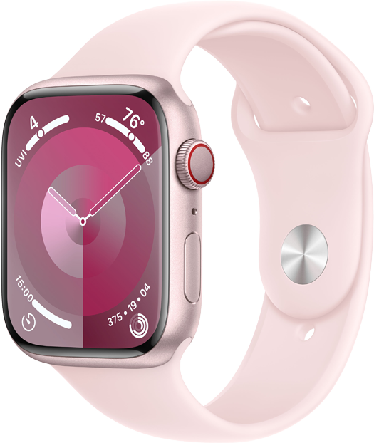 Apple Watch Series 9 GPS + Cellular 45mm Aluminiumboett i Rosa • Sportband Ljusrosa - M/L Apple Watch Series 9 GPS + Cellular 45mm Aluminiumboett i Rosa • Sportband Ljusrosa - M/L