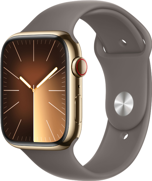 Apple Watch Series 9 GPS + Cellular 45mm Rostfri Stålboett i Guld • Sportband Lera - M/L Apple Watch Series 9 GPS + Cellular 45mm Rostfri Stålboett i Guld • Sportband Lera - M/L
