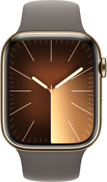 Apple Watch Series 9 GPS + Cellular 45mm Rostfri Stålboett i Guld • Sportband Lera - M/L Apple Watch Series 9 GPS + Cellular 45mm Rostfri Stålboett i Guld • Sportband Lera - M/L
