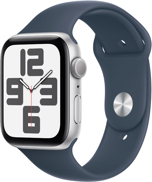 Apple Watch SE GPS 44mm Aluminiumboett i Silver • Sportband Stormblå - M/L Apple Watch SE GPS 44mm Aluminiumboett i Silver • Sportband Stormblå - M/L