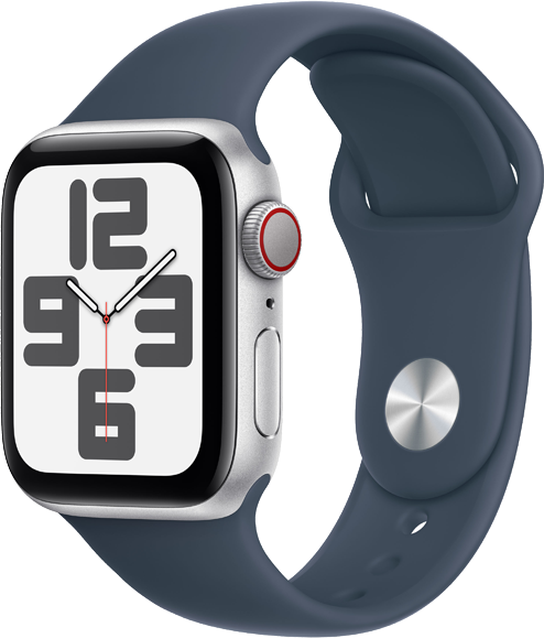 Apple Watch SE GPS + Cellular 40mm Aluminiumboett i Silver • Sportband Stormblå - M/L Apple Watch SE GPS + Cellular 40mm Aluminiumboett i Silver • Sportband Stormblå - M/L