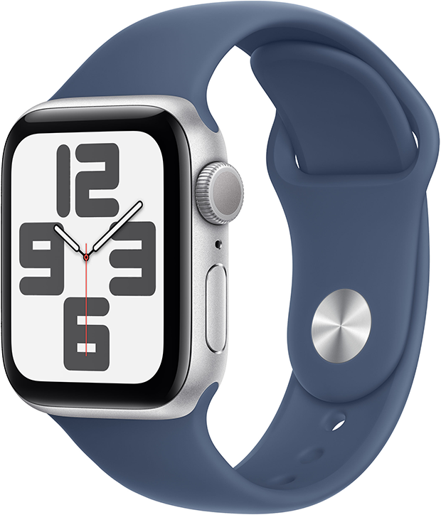 Apple Watch SE GPS 40mm Aluminiumboett i Silver  •  Sportband Denim - S/M Apple Watch SE GPS 40mm Aluminiumboett i Silver  •  Sportband Denim - S/M