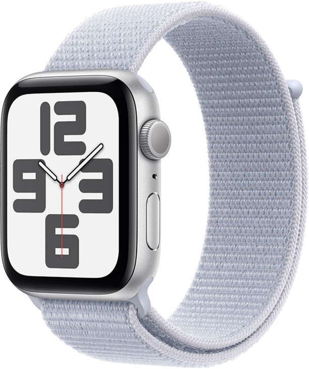 Apple Watch SE GPS 44mm Aluminiumboett i Silver  •  Sportloop Dimblå Apple Watch SE GPS 44mm Aluminiumboett i Silver  •  Sportloop Dimblå
